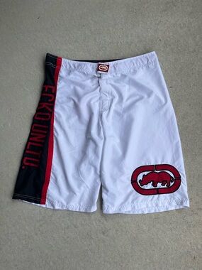 Ecko Unlimited White Swim Board Shorts with Red and Black Accents